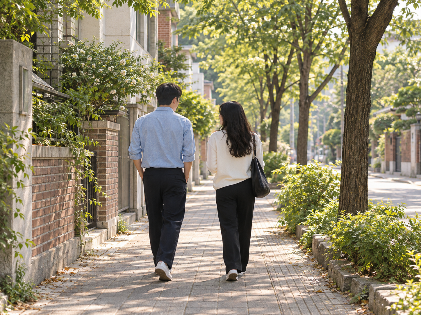 햇살이 드는 동네 골목을 나란히 걷는 두 사람을 표현한 이미지